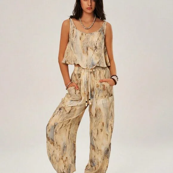 Multicolor Boho Womens TieDye Tank Top & Drawstring Waist Slant Pocket Pants Set - Picture 5 of 5